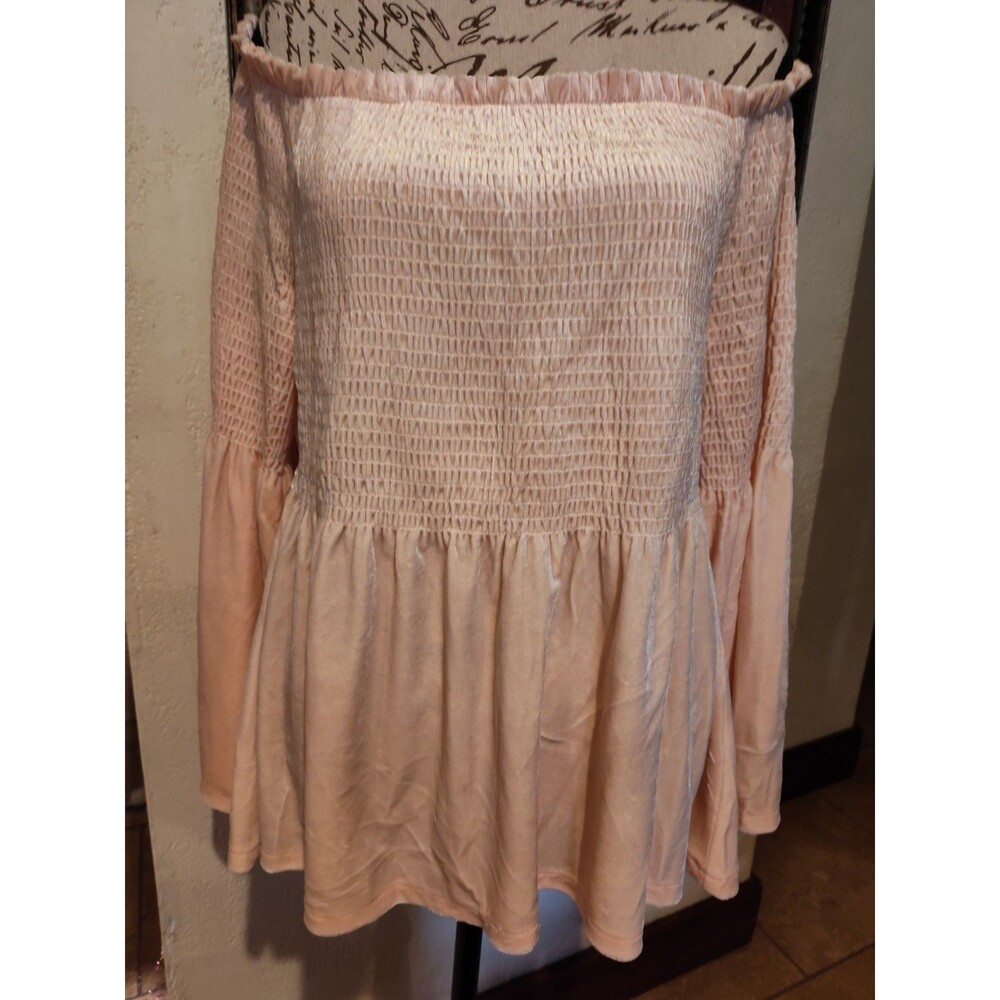 Venus Pink Vintage Victorian Shiny Stretch Velvet Blouse with Bell Sleeves Sz L